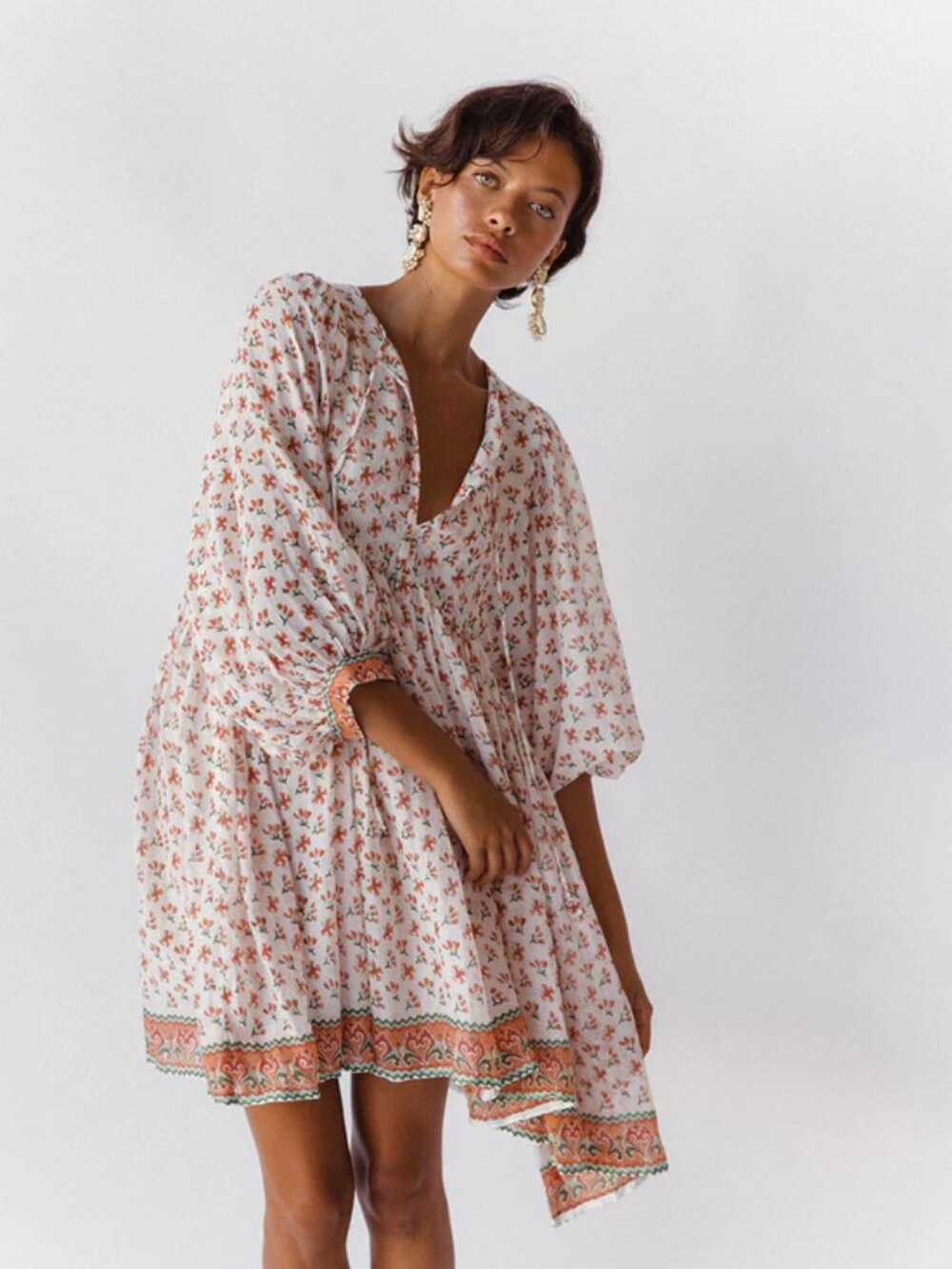 Daughters of India Kyra Dress Mini 100% Cotton Lightweight Floral Orange XL